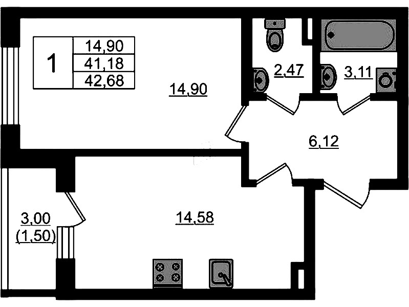 1-комнатная квартира 42.68 м², 1/4 эт., ЖК «Новая история»